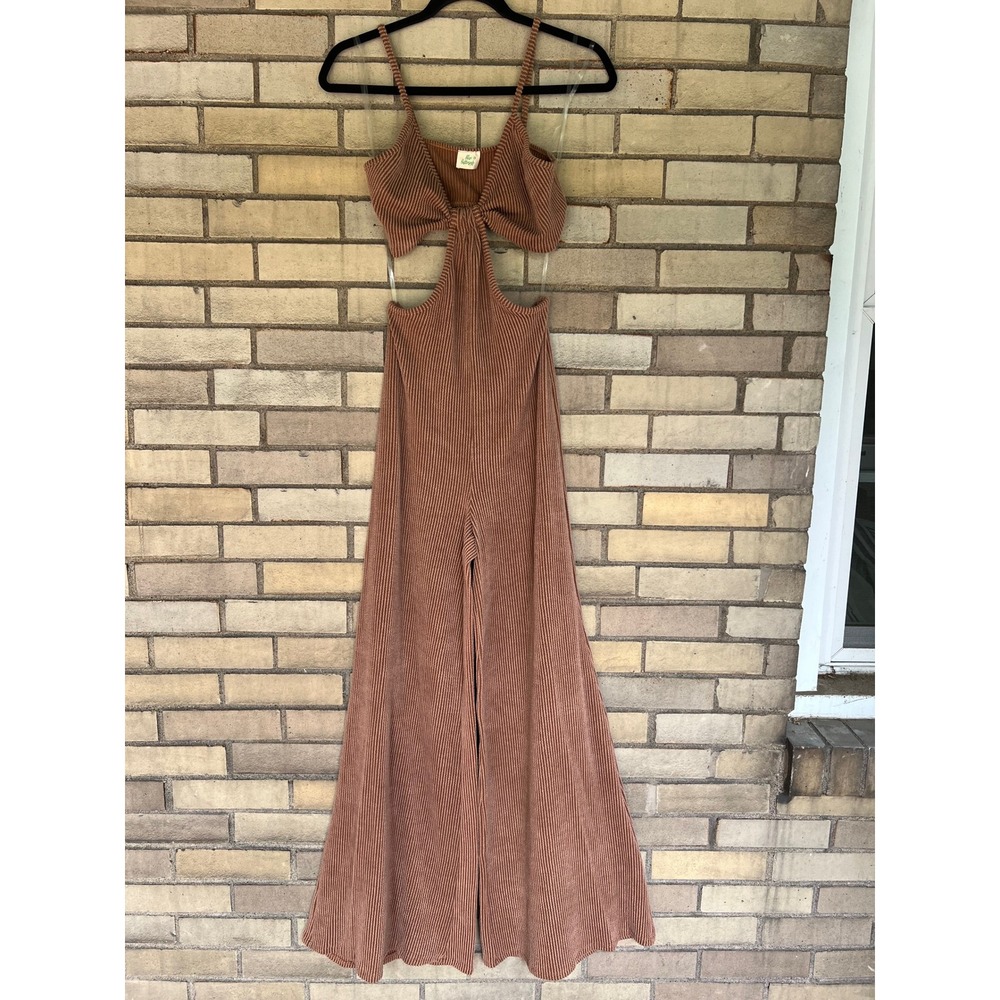 Corded Cutout Jumpsuit with Tie Front - Brown